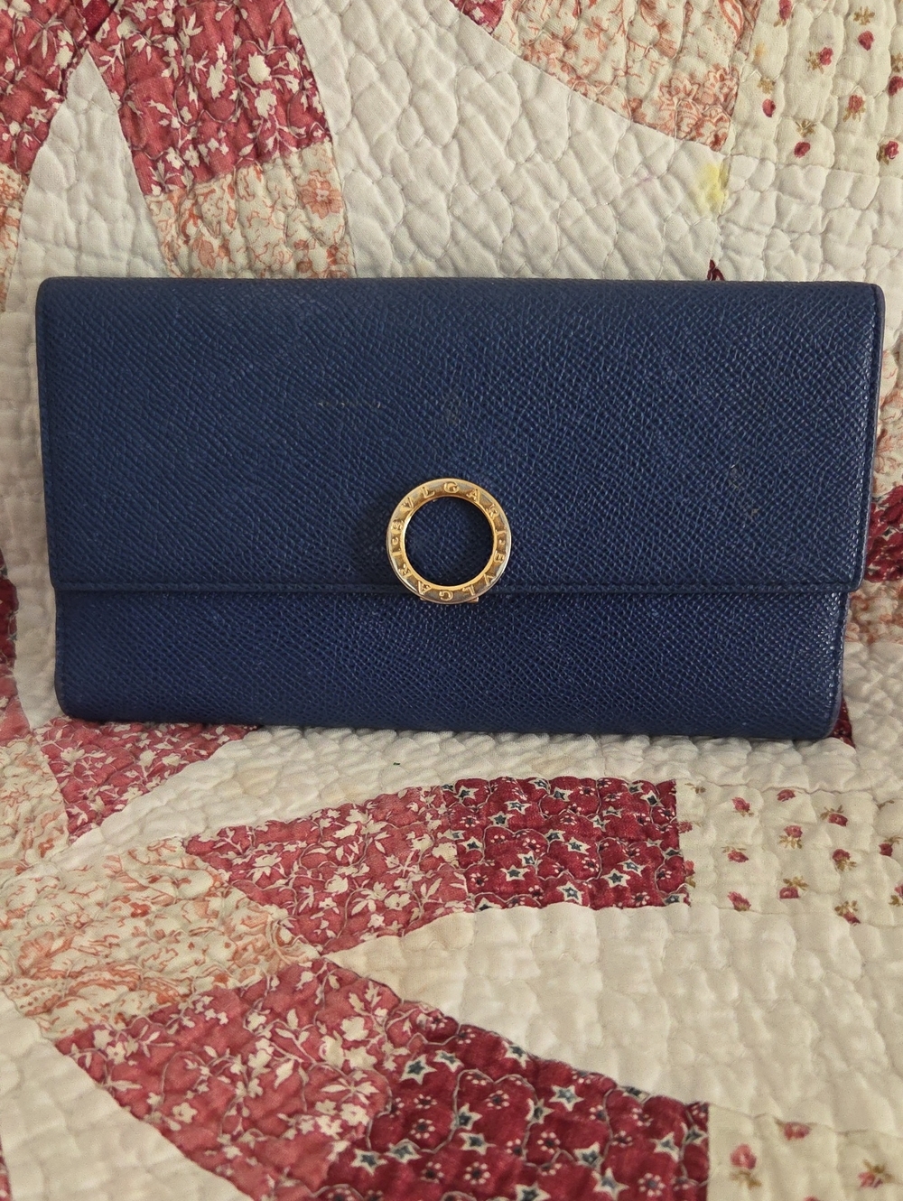 Bvlgari Luxury Navy Blue Leather Wallet with Gold Accent Pink interior